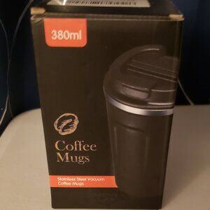 Stainless Steel Travel Coffee Mug w/ Lid Black 13.3oz Silvertone Brand New NIB